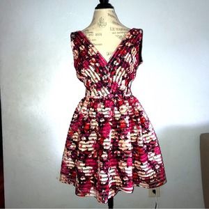 Aqua floral retro pin up style red and black mini dress size large Bloomingdales